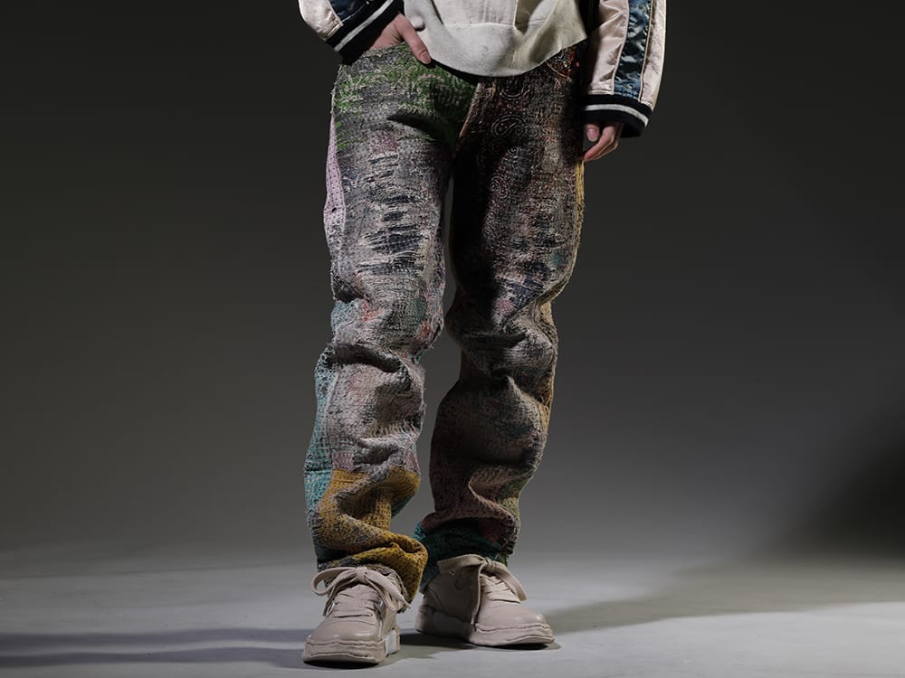 プロレタ リ アート / メゾンミハラヤスヒロ  2023SS 見出し3 - UROBOROS-DENIM-JEANS-MULCH-32-22-23AW(BORO デニムパンツ ビーズ付き) A08FW702-Beige(-パーカー- オリジナル ソール レザー ロートップ スニーカー Beige) - 3-001