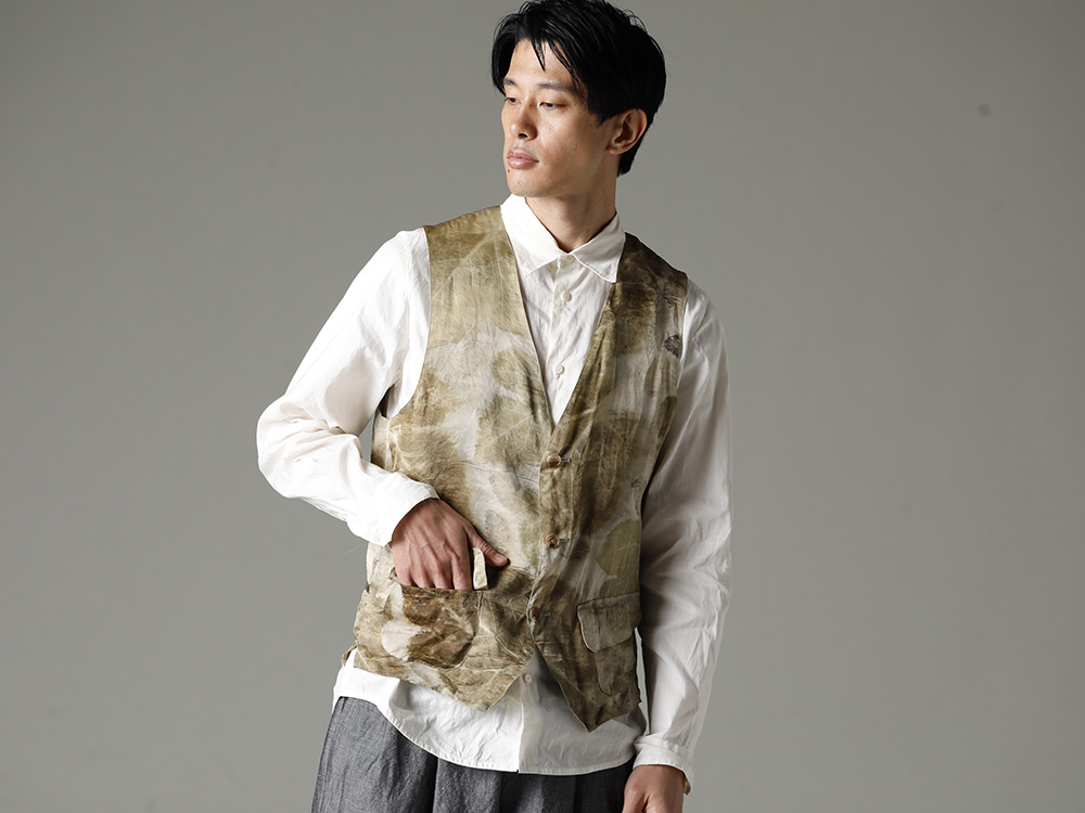 NOUSAN 23SS The designer's trial and error can be felt in the prints, and the high level of artistry can be felt  - Giving new value to flood-damaged silk fabrics 3-B gilet-Leaf Print 3B gilet (Leaf Print) - shirt Reguler Collar Shirt 2-001