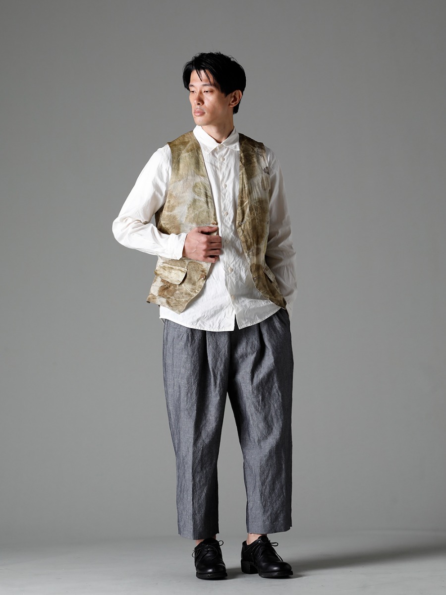 NOUSAN 23SS Simple items emphasize the beautiful prints. - 3-B gilet-Leaf Print 3B gilet (Leaf Print) - shirt Reguler Collar Shirt - ankle ankle：2-Tuck Wide Pants - 792Z Classic Derby Shoes Double Sole - Horse Full Grain Leather 3-002