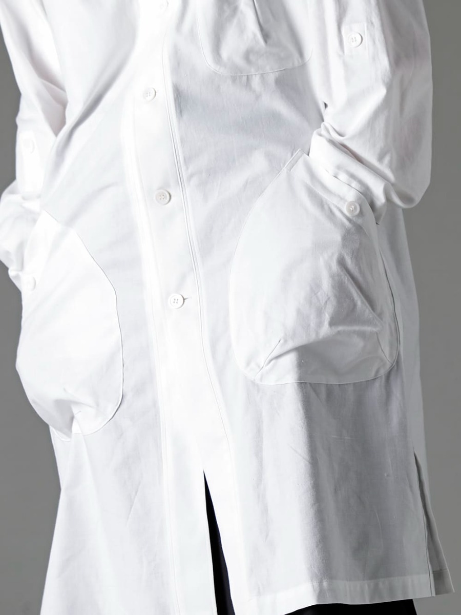 Yohji Yamamoto-Yohji Yamamoto 23SS (Spring-Summer) Shirtcoat made of cady cotton that goes well with any fabric - HZ-B74-047-White-Shirtcoat Front Margin White 2-002