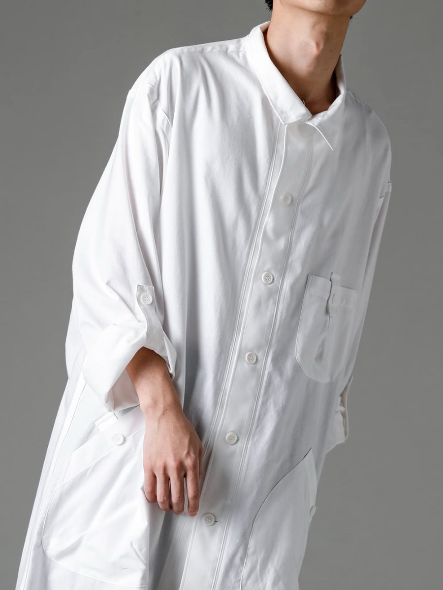 Yohji Yamamoto-Yohji Yamamoto 23SS (Spring-Summer) Shirtcoat made of cady cotton that goes well with any fabric - HZ-B74-047-White-Shirtcoat Front Margin White 2-006