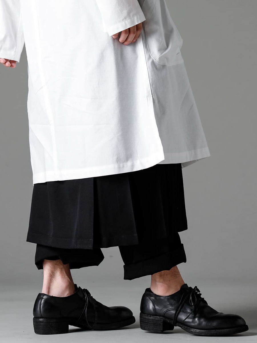 Yohji Yamamoto - Yohji Yamamoto 23SS (Spring-Summer) Skirt and pants combination for this season's layered look - HZ-P32-100-12 Tuck Flap Pants - HZ-S07-100-Pleated Benz Wrap Cloth - 792Z-Classic Derby Shoes Lace-up Double Sole - Horse Full Grain - 792Z 3-002