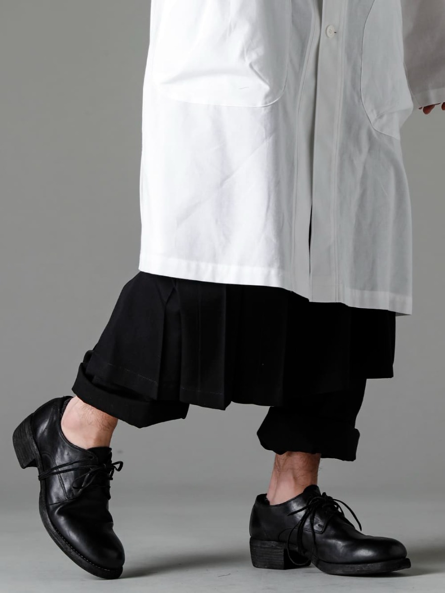 Yohji Yamamoto - Yohji Yamamoto 23SS (Spring-Summer) Skirt and pants combination for this season's layered look - HZ-P32-100-12 Tuck Flap Pants - HZ-S07-100-Pleated Benz Wrap Cloth - 792Z-Classic Derby Shoes Lace-up Double Sole - Horse Full Grain - 792Z 3-003