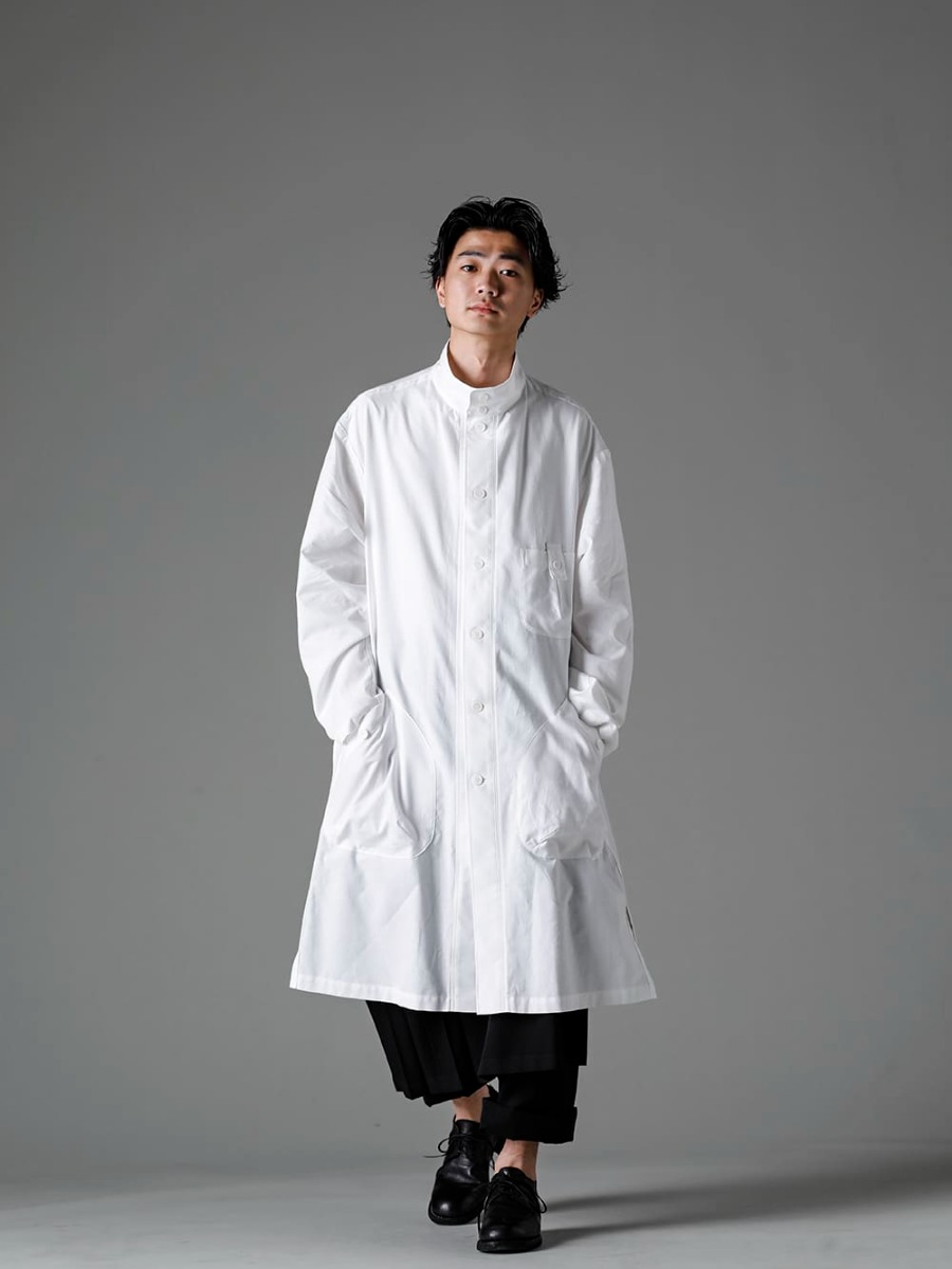 Yohji Yamamoto-Yohji Yamamoto 23SS (Spring-Summer) Skirt and pants combination with layering that is typical of this season - HZ-B74-047-White-Shirtcoat Front Margin White - HZ-P32-100-12-Tuck Flap Pants - HZ-S07- 100-Pleated Bents Wrap Cloth - 792Z-Classic Derby Shoes Lace Up Double Sole - Horse Full Grain - 792Z 3-005