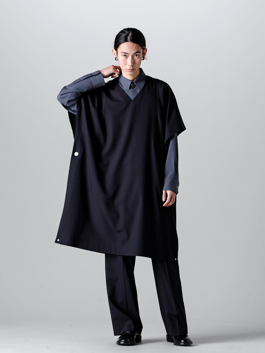 IRENISA - 2023SS 見出し4 - IH-23SS-C016-MT - Pull Over Cape Cool Wool - IH-23SS-B006-DS - Ornamental Fly Front Shirt - IH-22SS-S001-RC - Leather Shoes  4-001