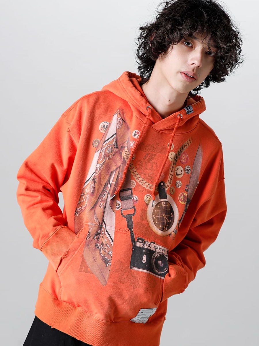Maison MIHARAYASUHIRO - メゾン ミハラヤスヒロ 23SS ベーシックで扱いやすい汎用性の高さも魅力的なチノトラウザー 騙し絵(トロンプ・ルイユ)が特徴的なフーディー。 A10HD621-Trompe l'oeil printed hoodie Orange 3-001