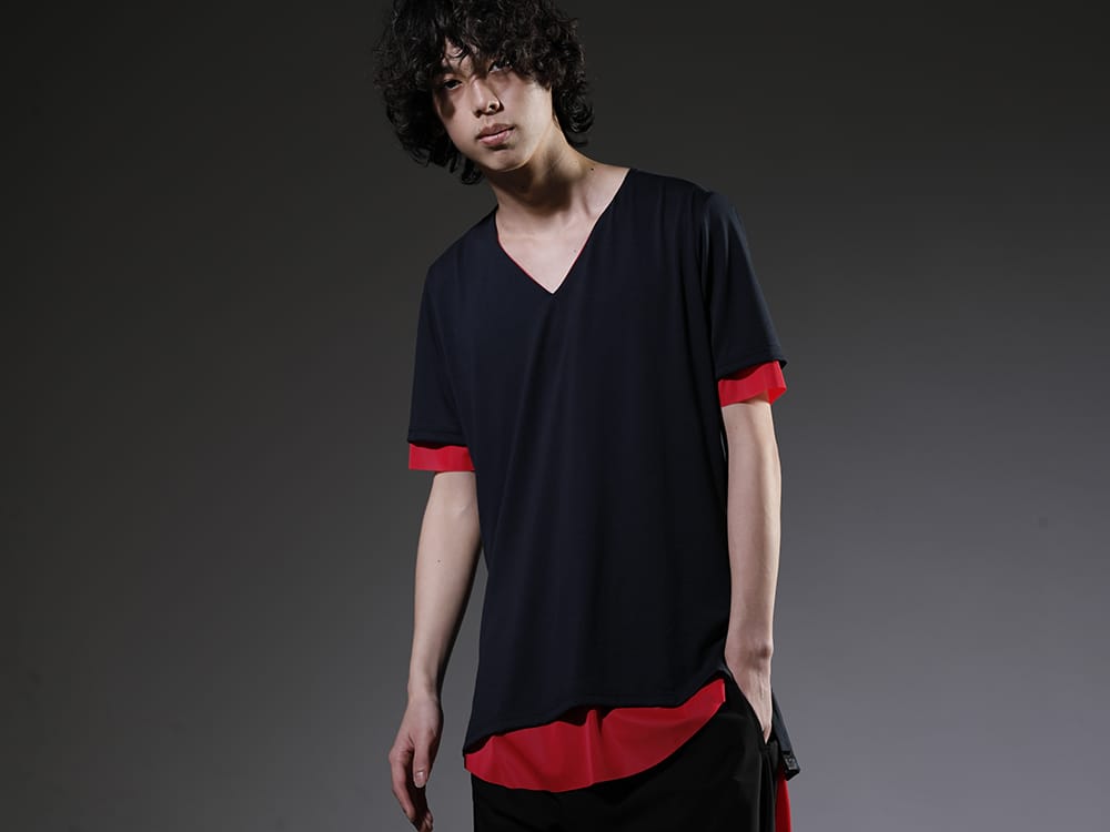 キリュウキリュウ 2023SS １枚の着用でレイヤード感を楽しんでいただけるカットソー - KP-HT33-056-Navy-Pink(Vネック レイヤード Tシャツ ネイビー&ピンク) - 2-010