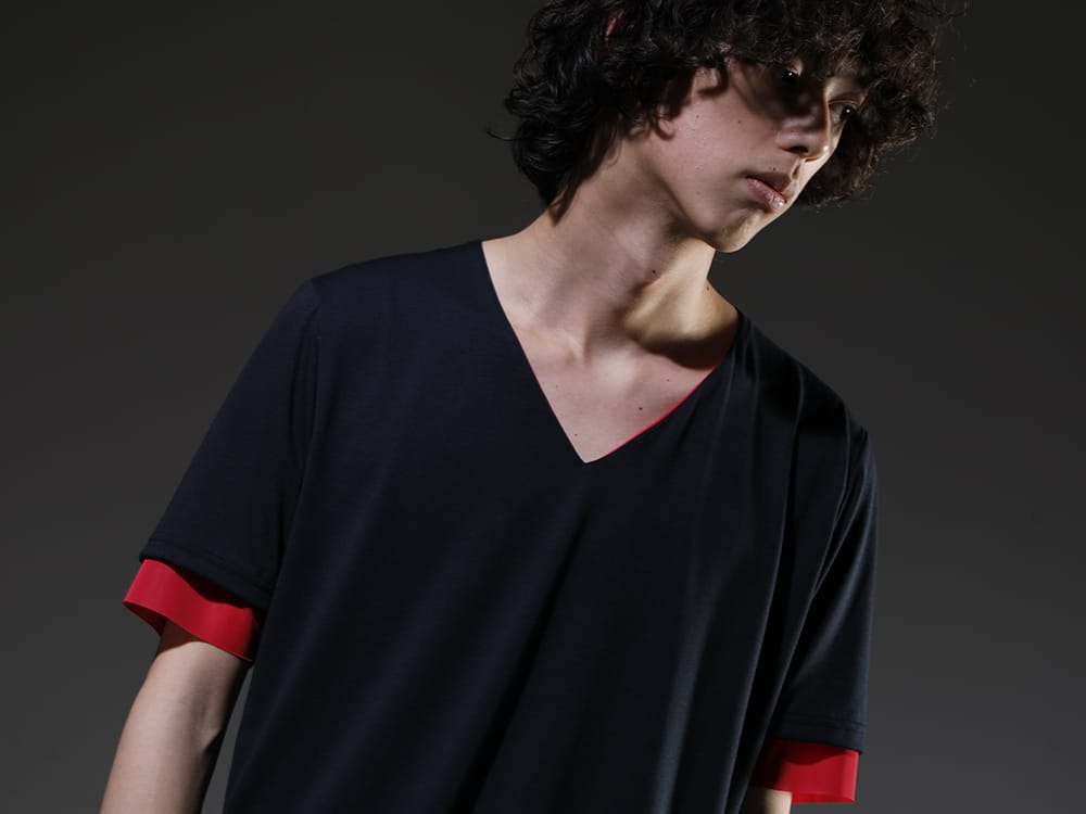 キリュウキリュウ 2023SS １枚の着用でレイヤード感を楽しんでいただけるカットソー - KP-HT33-056-Navy-Pink(Vネック レイヤード Tシャツ ネイビー&ピンク) - 2-012