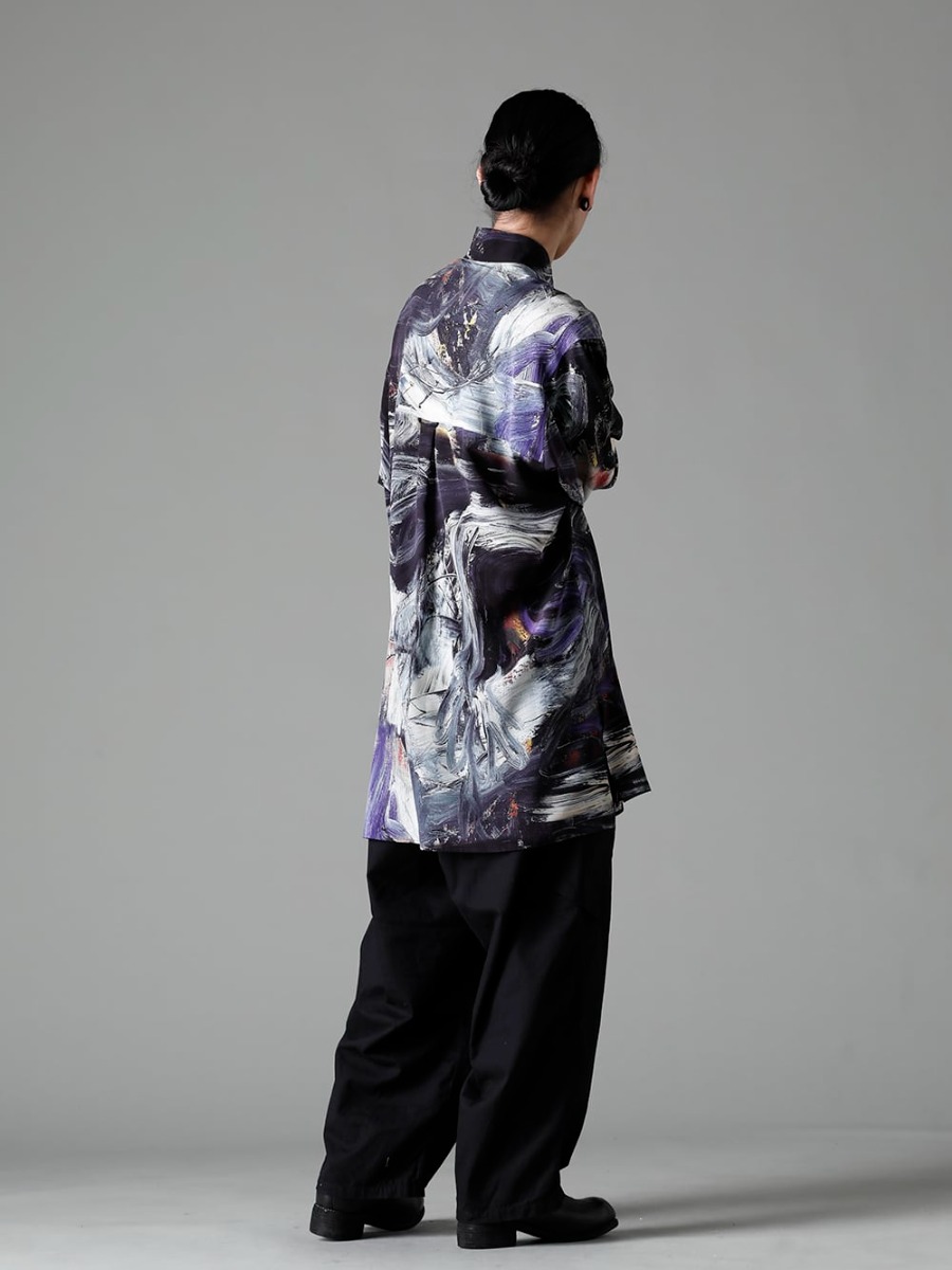 Yohji Yamamoto(ヨウジヤマモト) 23SS 迫力のあるコラボモデルのプリントシャツ - HZ-B44-435 朝倉パターン スタンドカラーシャツ - HZ-T10-073 ドレープ ハーフ スリーブ - HZ-P95-041-Black 12タックワークパンツ ブラック - PL1 フロントジップブーツ ダブルソール - ホース フルグレイン レザー 1-004