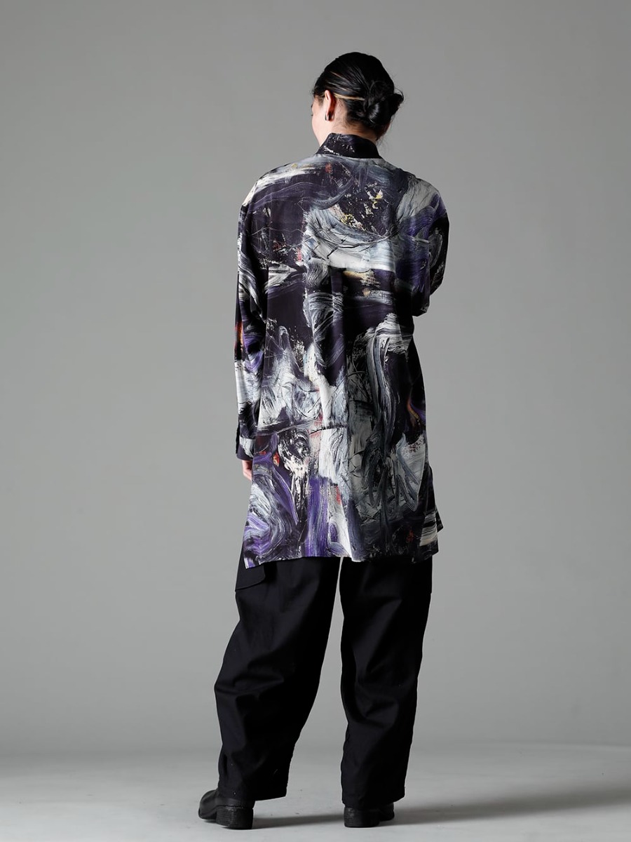 Yohji Yamamoto(ヨウジヤマモト) 23SS 迫力のあるコラボモデルのプリントシャツ - HZ-B44-435 朝倉パターン スタンドカラーシャツ - HZ-T10-073 ドレープ ハーフ スリーブ - HZ-P95-041-Black 12タックワークパンツ ブラック - PL1 フロントジップブーツ ダブルソール - ホース フルグレイン レザー 1-005