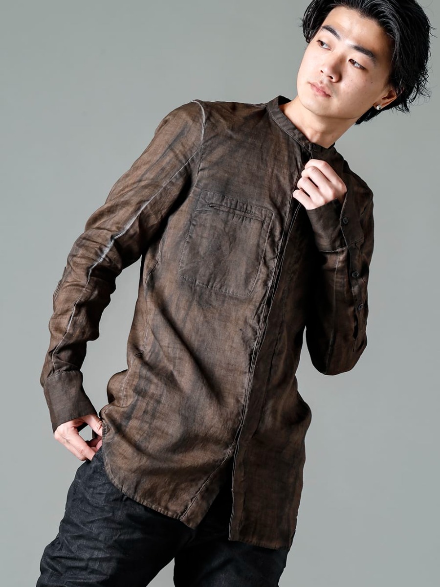 masnada(マスナダ) 23SS(春夏) M3056 ウェッジブラックシャツ M3022-Smeared-Black リブインサートダートスリムパンツ シミアードブラック 1-002