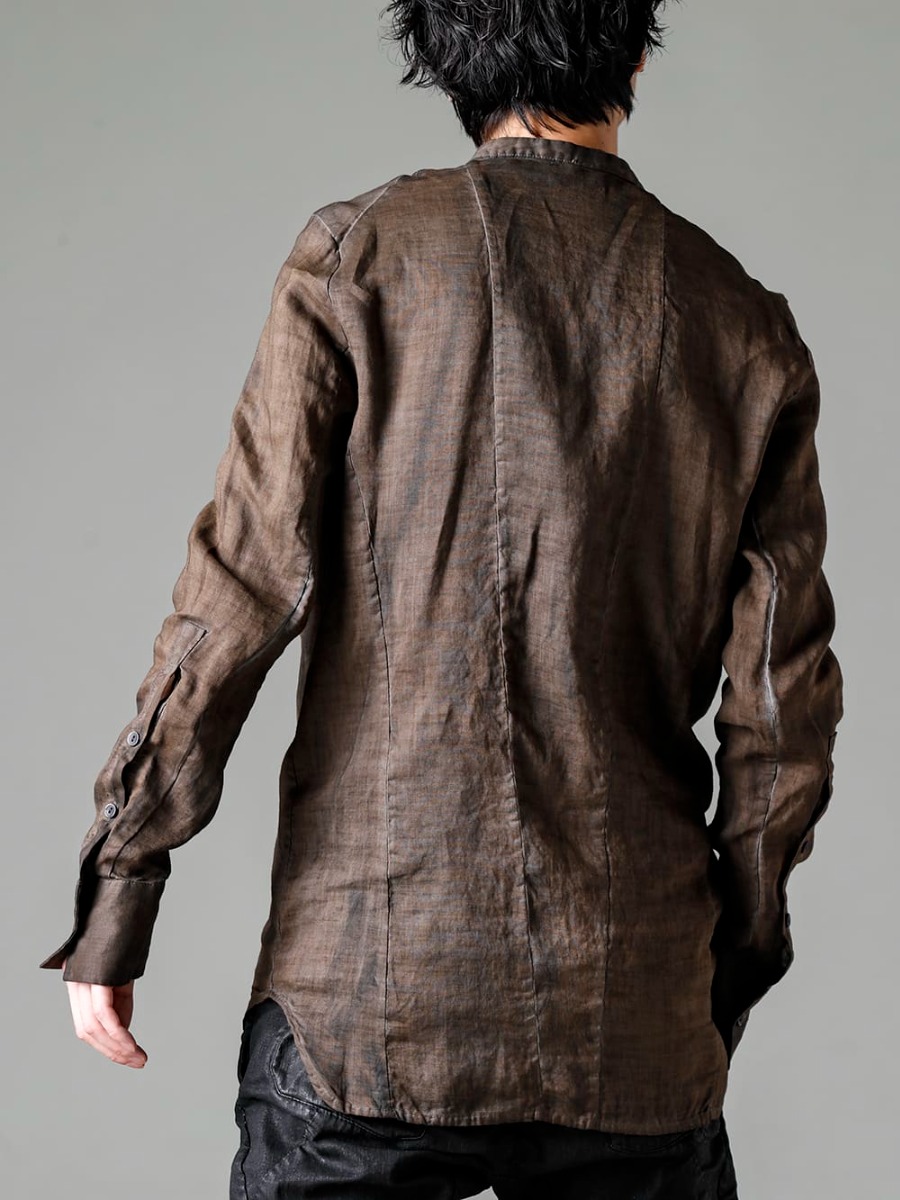 masnada(マスナダ) 23SS(春夏) M3056 ウェッジブラックシャツ M3022-Smeared-Black リブインサートダートスリムパンツ シミアードブラック 1-003