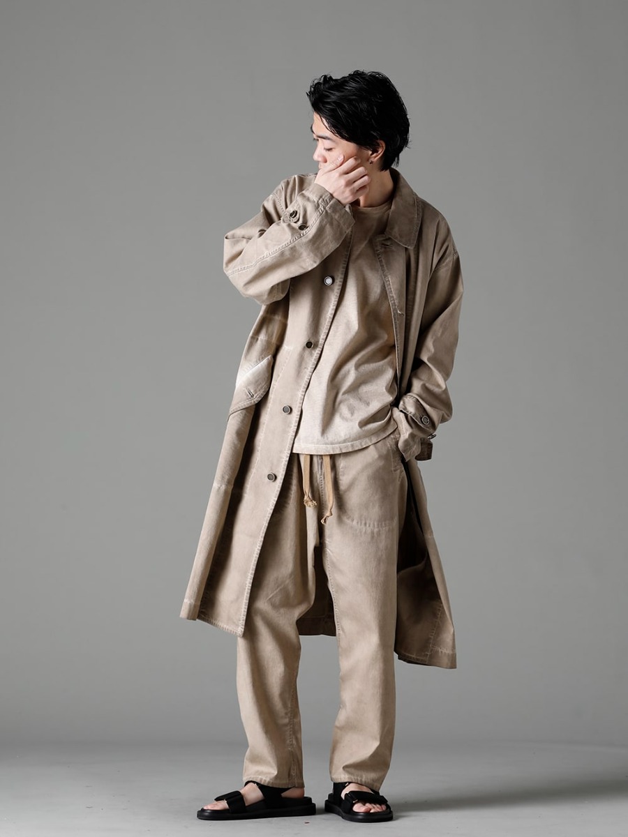 UMA WANG(ユマ ワン) 23SS(春夏) UM8530-Tan ボタンアップ ルーズフィット デニム オーバーコート UM3530-Tan ドロップ クロッチ デニム パンツ タン 1-001