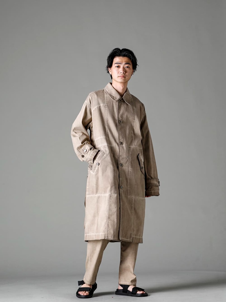 UMA WANG(ユマ ワン) 23SS(春夏) UM8530-Tan ボタンアップ ルーズフィット デニム オーバーコート UM3530-Tan ドロップ クロッチ デニム パンツ タン 1-001