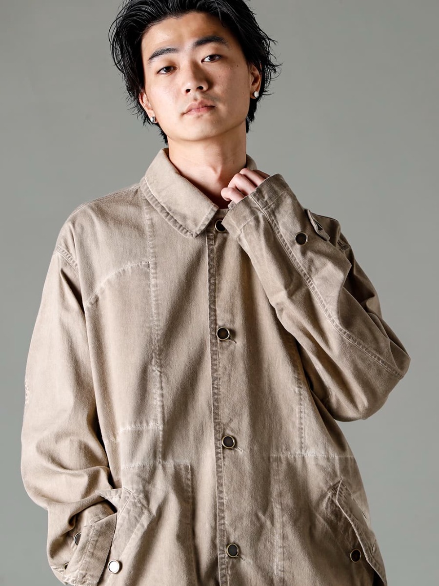UMA WANG(ユマ ワン) 23SS(春夏) UM8530-Tan ボタンアップ ルーズフィット デニム オーバーコート UM3530-Tan ドロップ クロッチ デニム パンツ タン 1-002