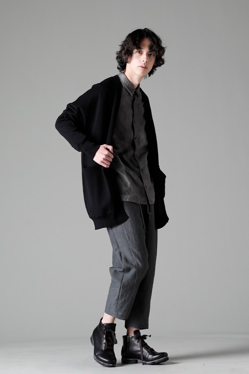 DEVOA 23SS styling styling orthodox combinations of spring and summer items - KTS-CMH-Black Cardigan Cotton Black SHN-MSLR Shirt Modal/silk PTN-BLKL-Blue-Gray Dropped Crotch Cropped Pants Linen Blue Gray FW-CSHS Leather boots GUIDI Horse leather 1-002