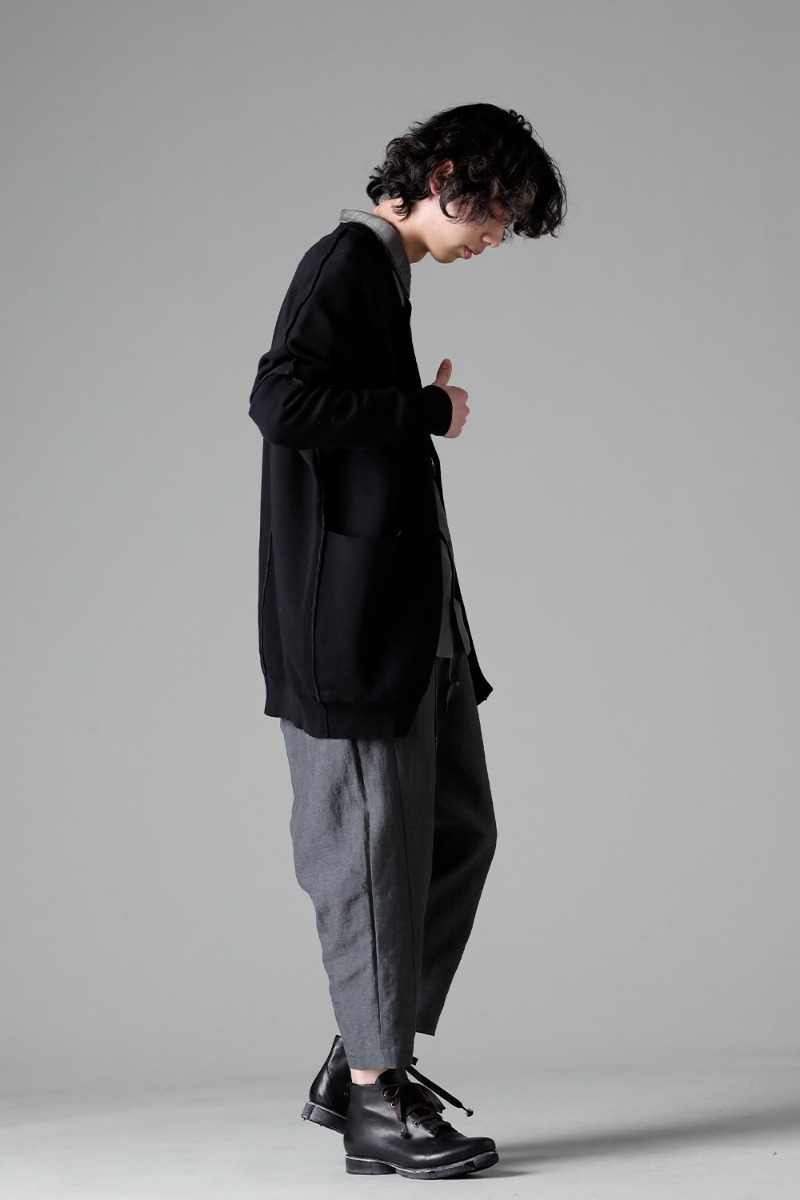 DEVOA 23SS styling styling orthodox combinations of spring and summer items - KTS-CMH-Black Cardigan Cotton Black SHN-MSLR Shirt Modal/silk PTN-BLKL-Blue-Gray Dropped Crotch Cropped Pants Linen Blue Gray FW-CSHS Leather boots GUIDI Horse leather 1-003