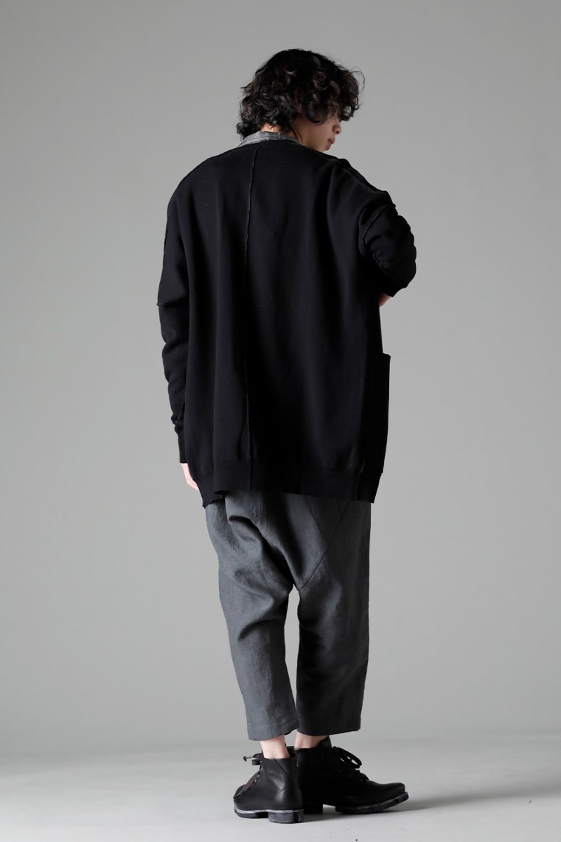 DEVOA 23SS styling styling orthodox combinations of spring and summer items - KTS-CMH-Black Cardigan Cotton Black SHN-MSLR Shirt Modal/silk PTN-BLKL-Blue-Gray Dropped Crotch Cropped Pants Linen Blue Gray FW-CSHS Leather boots GUIDI Horse leather 1-004