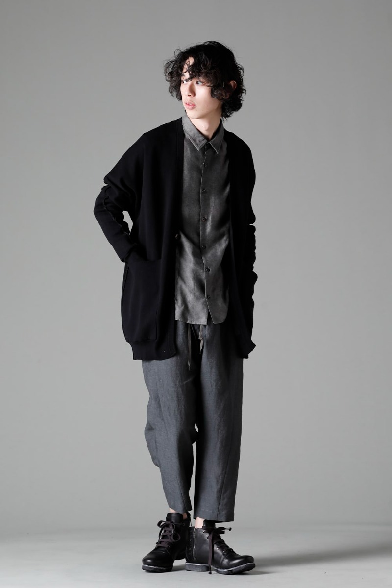 DEVOA 23SS KTS-CMH-Black Cardigan Cotton Black SHN-MSLR Shirt Modal/silk PTN-BLKL-Blue-Gray Dropped Crotch Cropped Pants Linen Blue Gray FW-CSHS Leather boots GUIDI Horse leather  4-001