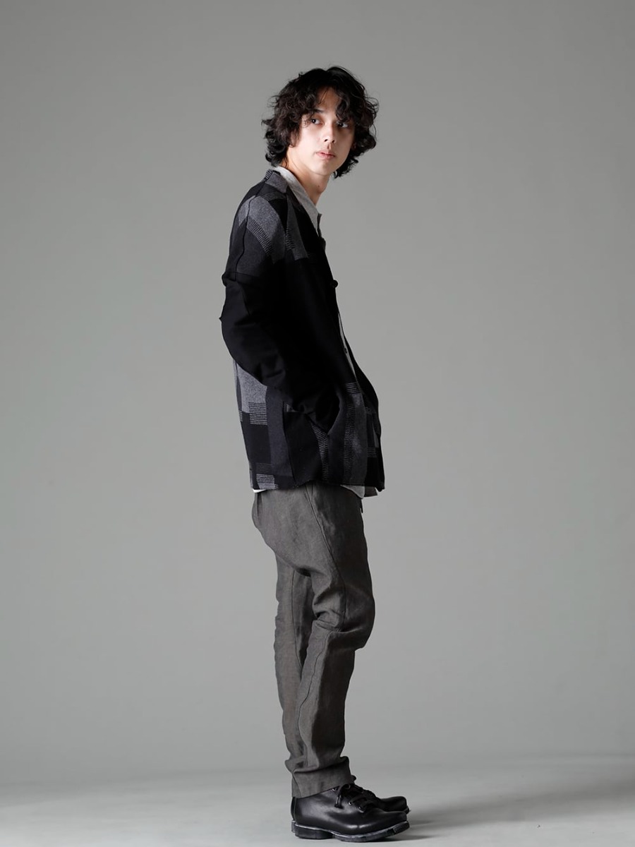DEVOA 23SS  A modern take on a jacquard fabric with a long history - JKN-JQSC Jacket silk / cotton jacquard - center seam shirt center seam shirt - PTI-BLES-Steel-Gray Slim pants Linen Steel Gray - FW-CSHS Leather Boots GUIDI Horse Leather 1-002