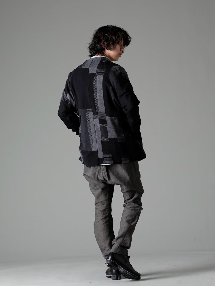 DEVOA 23SS  A modern take on a jacquard fabric with a long history - JKN-JQSC Jacket silk / cotton jacquard - center seam shirt center seam shirt - PTI-BLES-Steel-Gray Slim pants Linen Steel Gray - FW-CSHS Leather Boots GUIDI Horse Leather 1-003