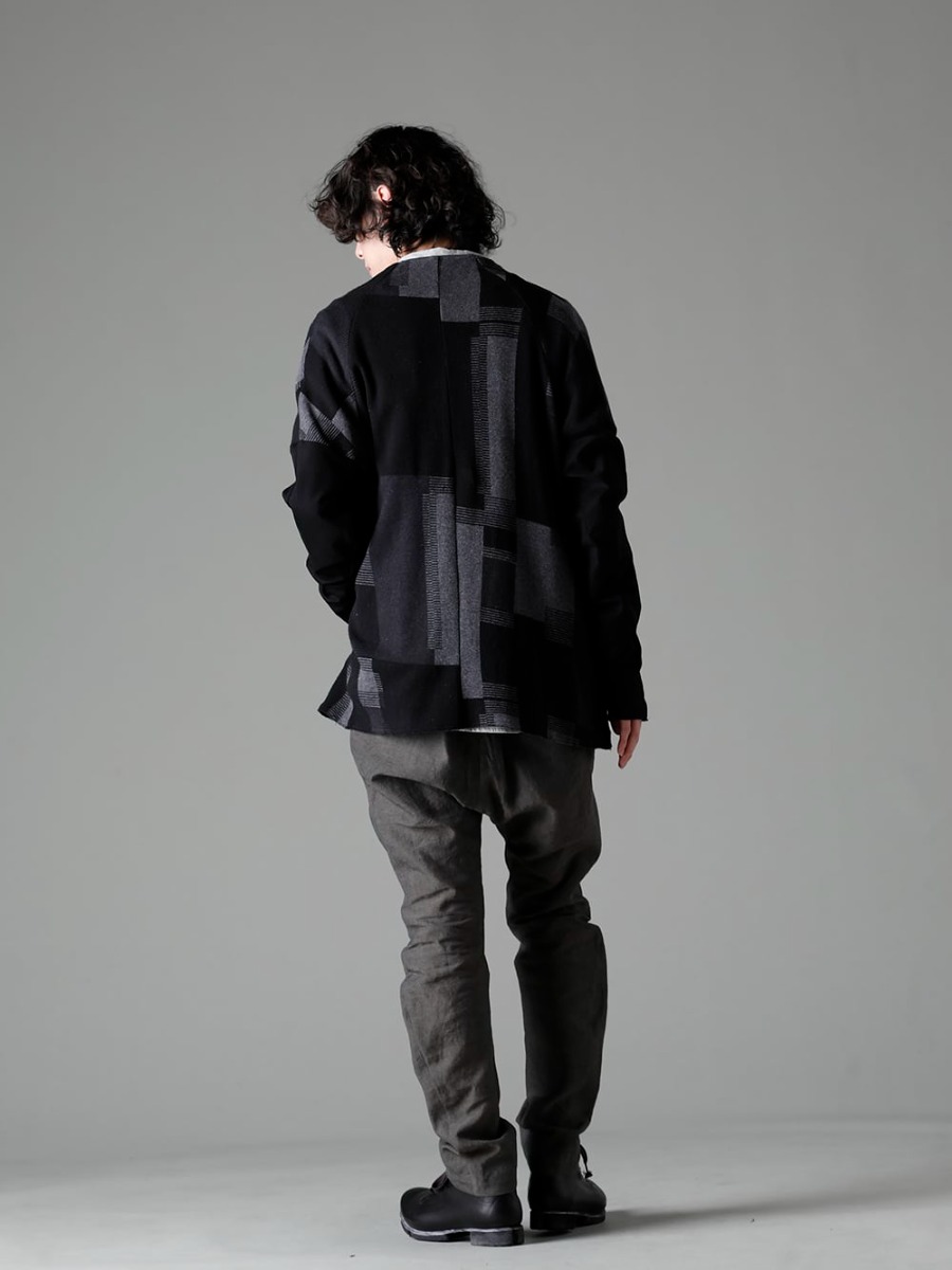 DEVOA 23SS  A modern take on a jacquard fabric with a long history - JKN-JQSC Jacket silk / cotton jacquard - center seam shirt center seam shirt - PTI-BLES-Steel-Gray Slim pants Linen Steel Gray - FW-CSHS Leather Boots GUIDI Horse Leather 1-004