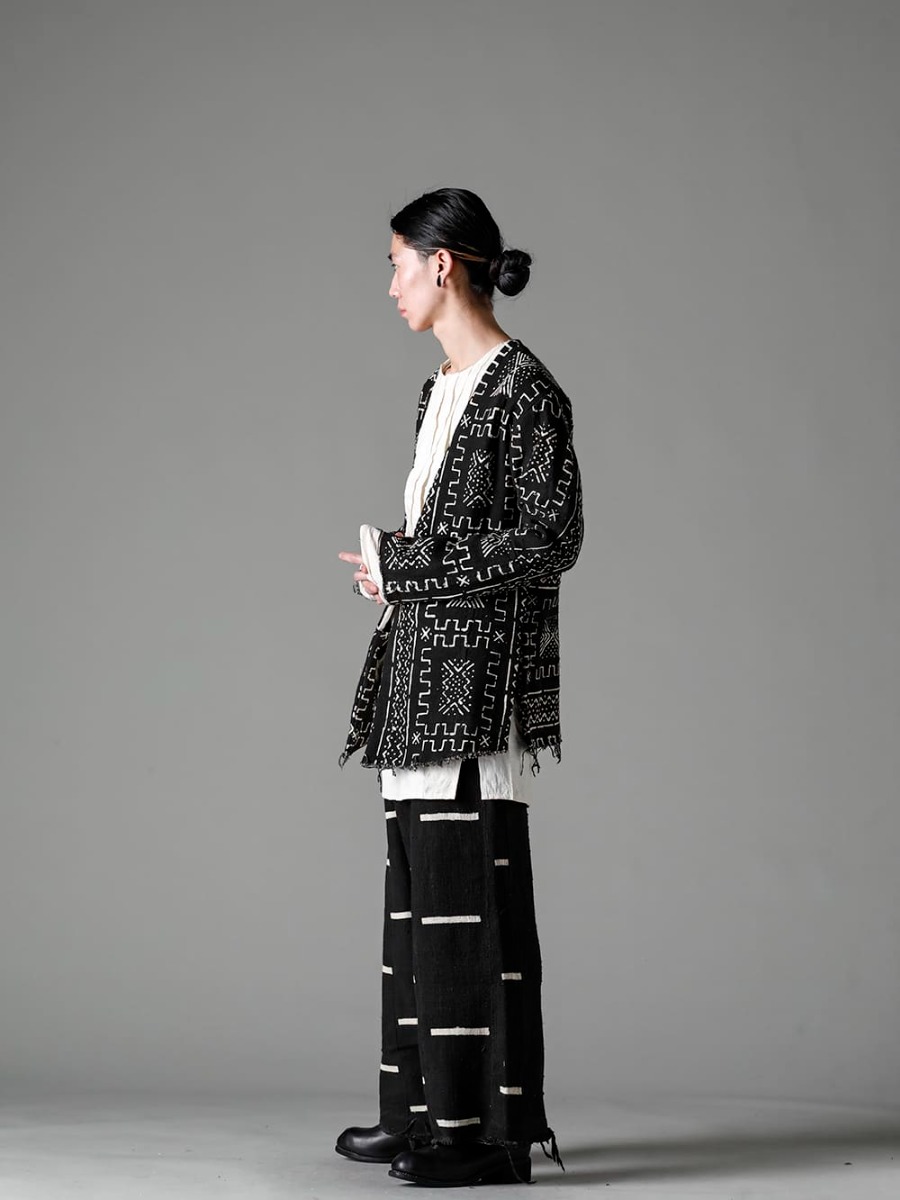 OLUBIYI THOMAS 23SS スタイリング アフリカの文化を取り入れたダイナミックなテキスタイル - 3202.7-1 Kimono Back Cardigan 2305.9 pleated bib shirt 2507.94-2 Wide leg drawstring trousers #2 Classic Derby Shoes Lace-up Double Sole - Horse Full Grain - 792Z 1-002