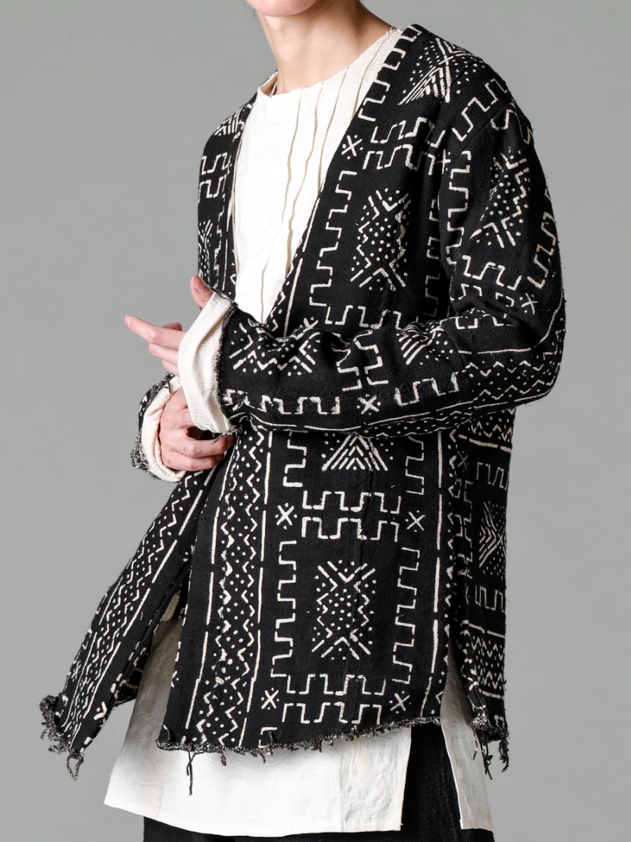 OLUBIYI THOMAS 23SS 白く幾何学模様が染め抜かれたボゴランフィニ柄  - 3202.7-1 Kimono Back Cardigan 2305.9 pleated bib shirt 2-004