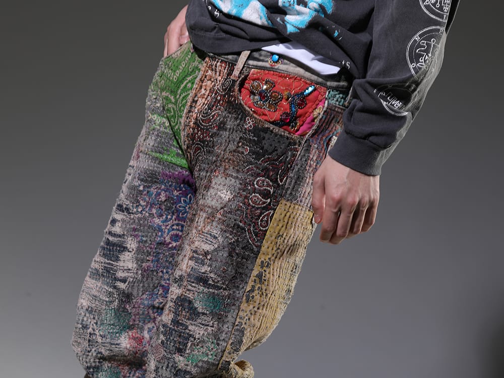 プロレタ リ アート 2023SS 圧倒的な加工技術によって生み出される、特別な1本 - UROBOROS-DENIM-JEANS-MULCH-32-22-23AW(BORO デニムパンツ ビーズ付き) - 3-006