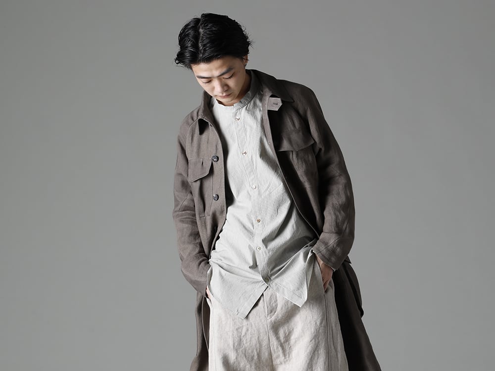 individual sentiments 23SS Easy to handle and enjoy for a long time - CTI-BMMC Coat Linen combination - SH33-LC18-Ecru Pinstripe Cotton Mao Collar L/S Shirts Ecru - PA68L-LI20 Heavy Canvas Linen Cropped Pants 3-001