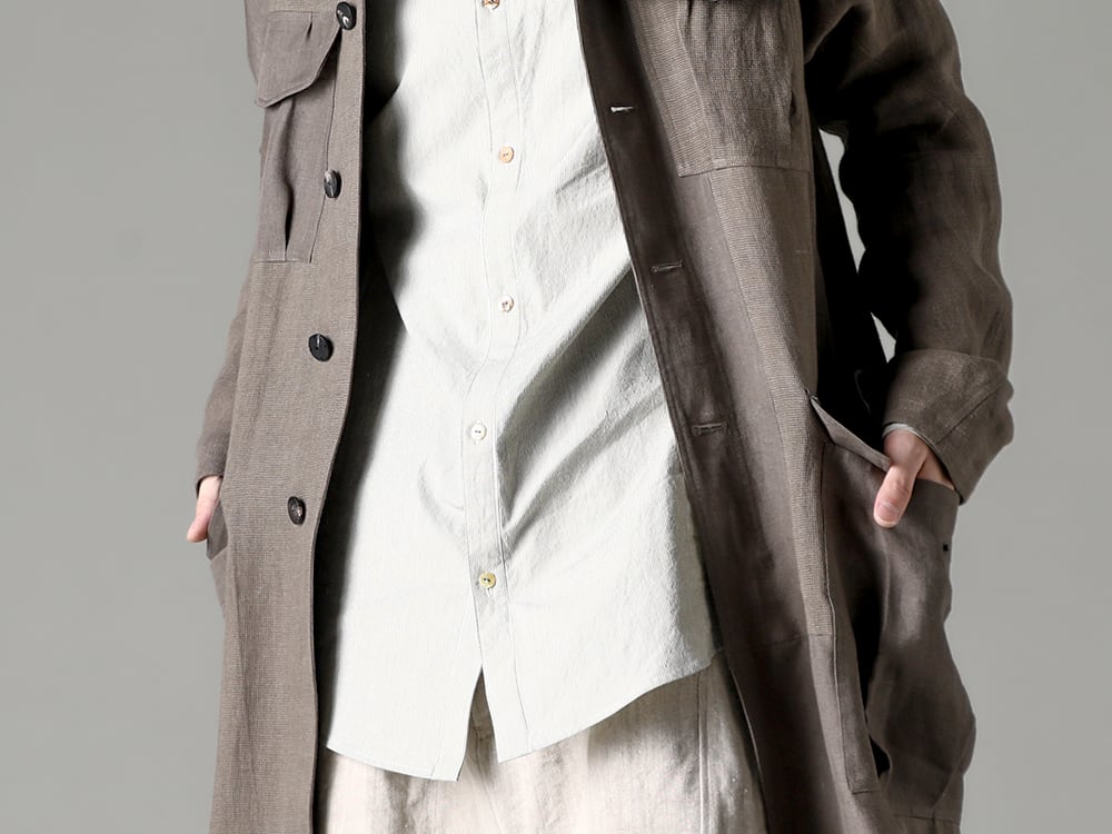 individual sentiments 23SS Easy to handle and enjoy for a long time - CTI-BMMC Coat Linen combination - SH33-LC18-Ecru Pinstripe Cotton Mao Collar L/S Shirts Ecru 3-002