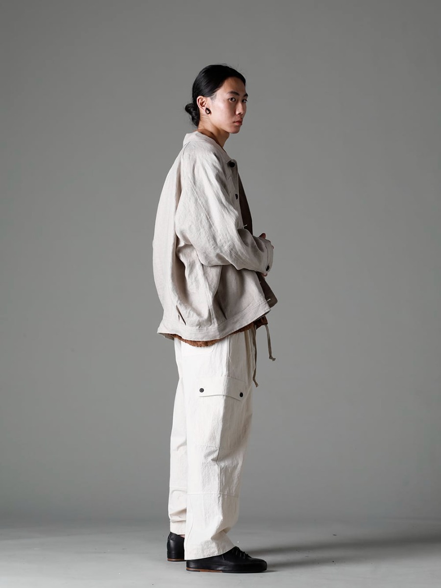 O PROJECT(オープロジェクト) 23SS(春夏) 美しい落ち感のリネンヘリンボーン - O15JKT1-KINARI デニム ジャケット キナリ デンス ヘリンボーン - O15SRT4-KAKISHIBU ボーマー シャツ カキシブ ダイ フラックス ローン - O15TR3-KINARI カーゴ トラウザー キナリ ファイン キャンバス - Handsewn-Classic-Lo ハンドソーン クラシック ロー 1-003