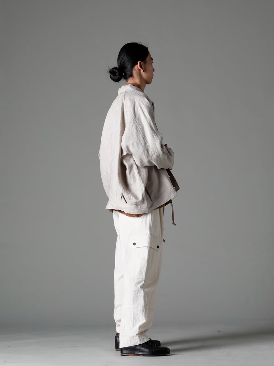 O PROJECT(オープロジェクト) 23SS(春夏) 美しい落ち感のリネンヘリンボーン - O15JKT1-KINARI デニム ジャケット キナリ デンス ヘリンボーン - O15SRT4-KAKISHIBU ボーマー シャツ カキシブ ダイ フラックス ローン - O15TR3-KINARI カーゴ トラウザー キナリ ファイン キャンバス - Handsewn-Classic-Lo ハンドソーン クラシック ロー 1-004