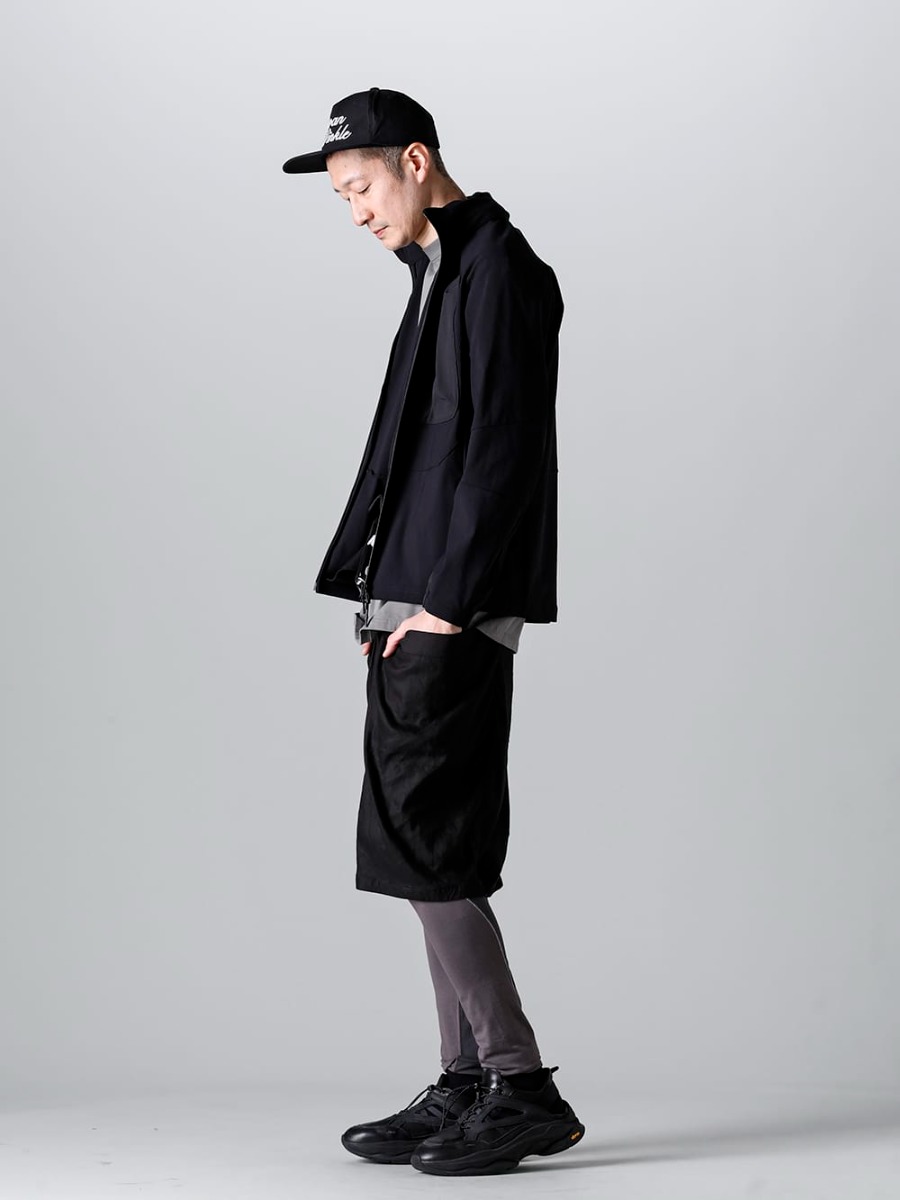 RIPVANWINKLE 2023SS Styling Material mix proposition utilizing different fabrics for outerwear and pants - RW-503-Black - Stand Hoodie Jacket - RW-548-Shark - Drop Shoulder-T Shark - RW-550 - Mobile Pouch - RW-537 - Sarrouel Jodhpur Shorts - SCV186C016 Black - Night Run Light Black 1-002