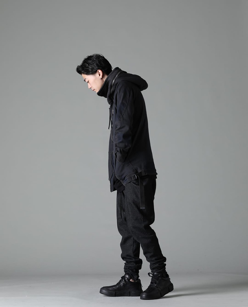 D.HYGEN / The Viridi-anne / GUIDI 2023SS - Mixed styling mainly in dark tones. - ST104-0523S-Mud-Indigo-Brown(Mud-Finished 8Oz Light Stretch Denim Hooded Jacket Mud Indigo Brown) VI-3611-01-Black(Double Layerd Short-Sleeve T-Shirt Black) VI-3595-04-Black(Stripe Knit Drop-Clotch Pants Black) GJ02-BLKT(Laced Up Boots - Horse Full Grain Leather - GJ02) - 1-002