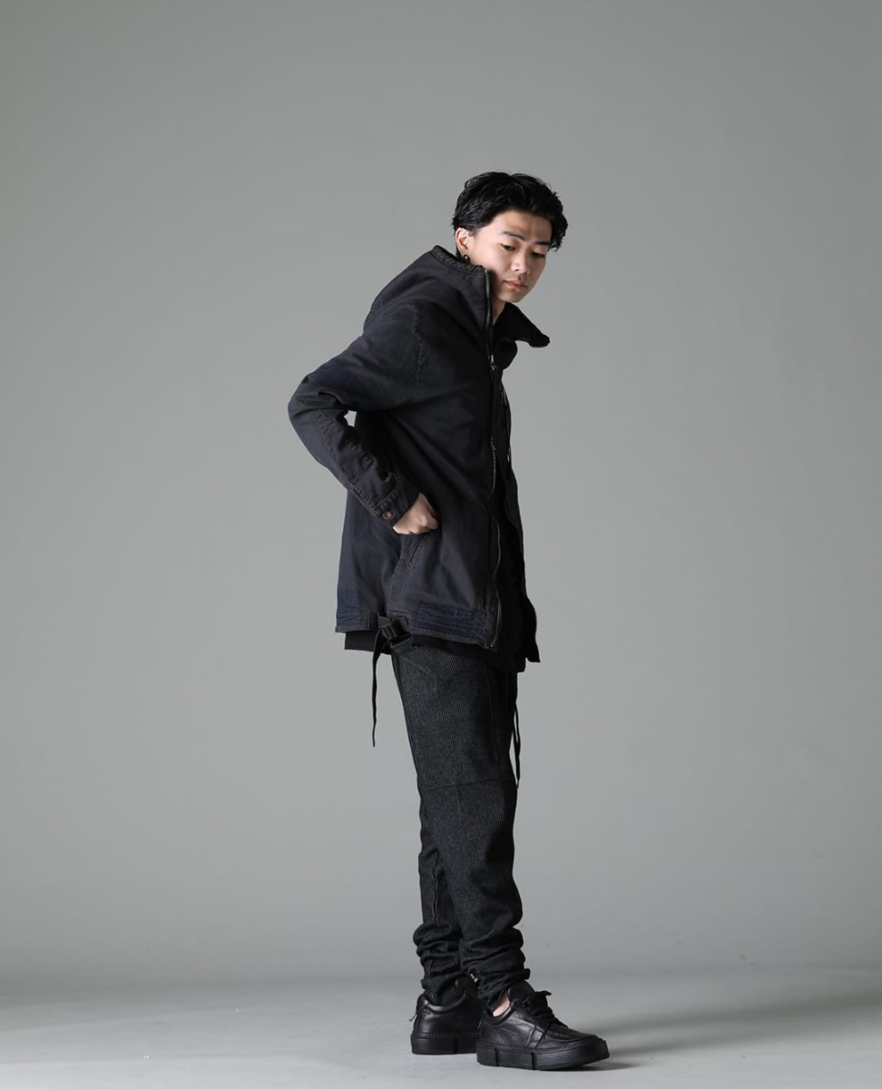 D.HYGEN / The Viridi-anne / GUIDI 2023SS - Mixed styling mainly in dark tones. - ST104-0523S-Mud-Indigo-Brown(Mud-Finished 8Oz Light Stretch Denim Hooded Jacket Mud Indigo Brown) VI-3611-01-Black(Double Layerd Short-Sleeve T-Shirt Black) VI-3595-04-Black(Stripe Knit Drop-Clotch Pants Black) GJ02-BLKT(Laced Up Boots - Horse Full Grain Leather - GJ02) - 1-003