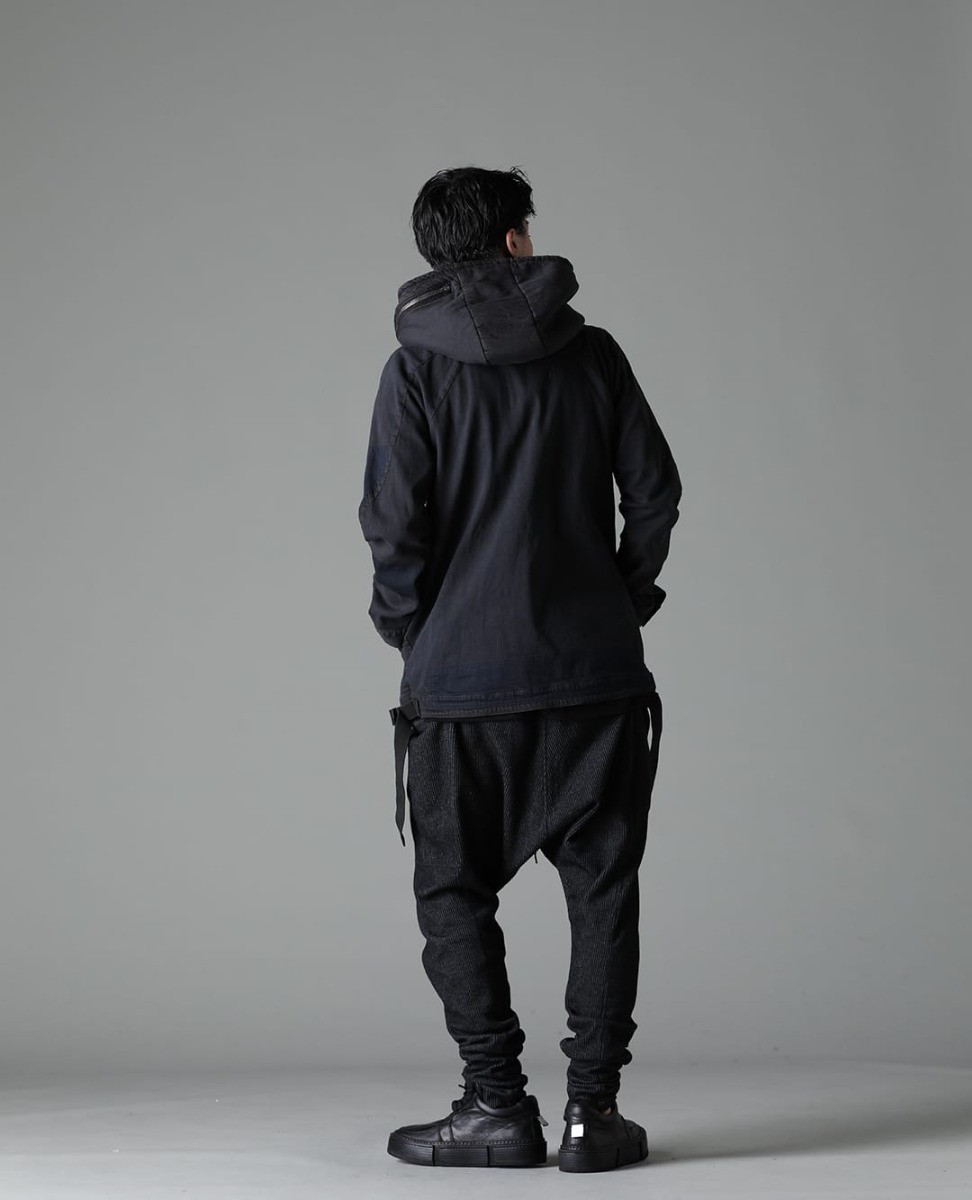 D.HYGEN / The Viridi-anne / GUIDI 2023SS - Mixed styling mainly in dark tones. - ST104-0523S-Mud-Indigo-Brown(Mud-Finished 8Oz Light Stretch Denim Hooded Jacket Mud Indigo Brown) VI-3611-01-Black(Double Layerd Short-Sleeve T-Shirt Black) VI-3595-04-Black(Stripe Knit Drop-Clotch Pants Black) GJ02-BLKT(Laced Up Boots - Horse Full Grain Leather - GJ02) - 1-004