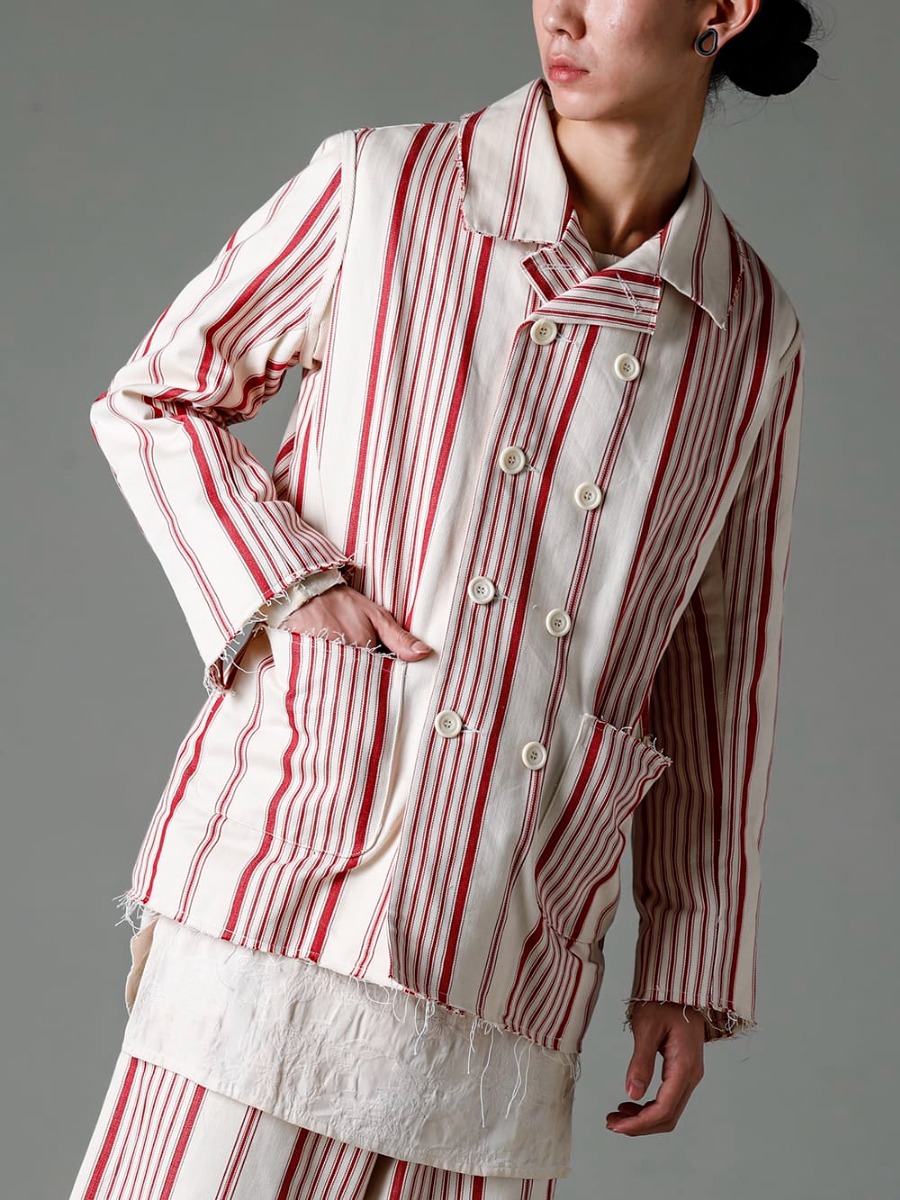 Olubiyi Thomas 23SS Inspired by '50s railroad jackets  - 3204.5 Double Breasted Work Jacket 2305.9 pleated bib shirt  2-001