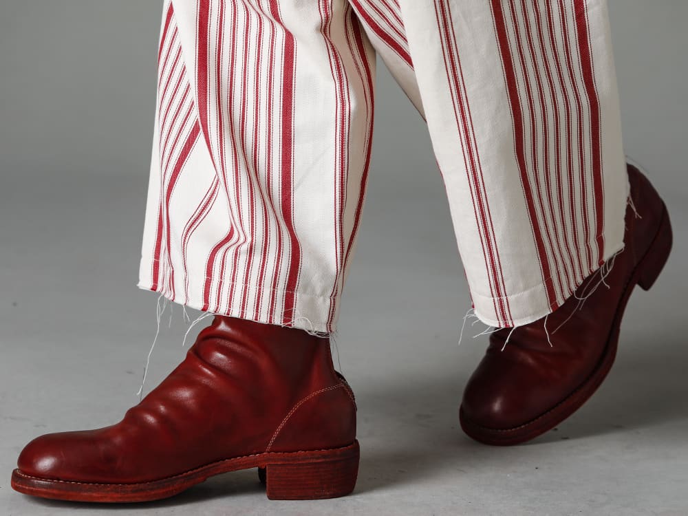 Olubiyi Thomas 23SS Cropped drawstring trousers and an attractive floral jacquard shirt - 2507.8 Wide leg kickback drawstring trousers PL1-red Front Zip Boots Double Sole - Horse Full Grain Leather 3-003