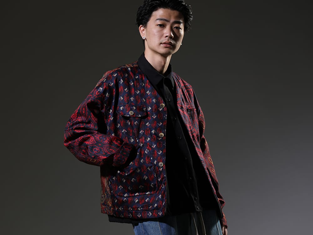 ink / O PROJECT 2023SS - Hunt Jacket Made of Vintage Scarves - ink23-01-Blue-M(Classy hunt jacket Blue) O15SRT4-BLACK(BOMBER SHIRTS Water-Repellent Dense Cloth BLACK) - 2-001