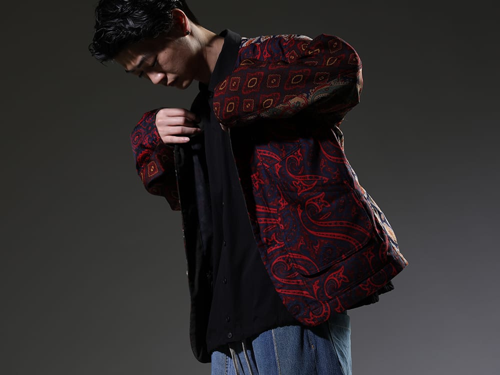 ink / O PROJECT 2023SS - Hunt Jacket Made of Vintage Scarves - ink23-01-Blue-M(Classy hunt jacket Blue) O15SRT4-BLACK(BOMBER SHIRTS Water-Repellent Dense Cloth BLACK) - 2-002