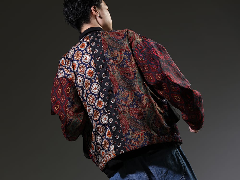 ink 2023SS - Hunt Jacket Made of Vintage Scarves - SMink23-01-Blue-M(Classy hunt jacket Blue) - 2-003