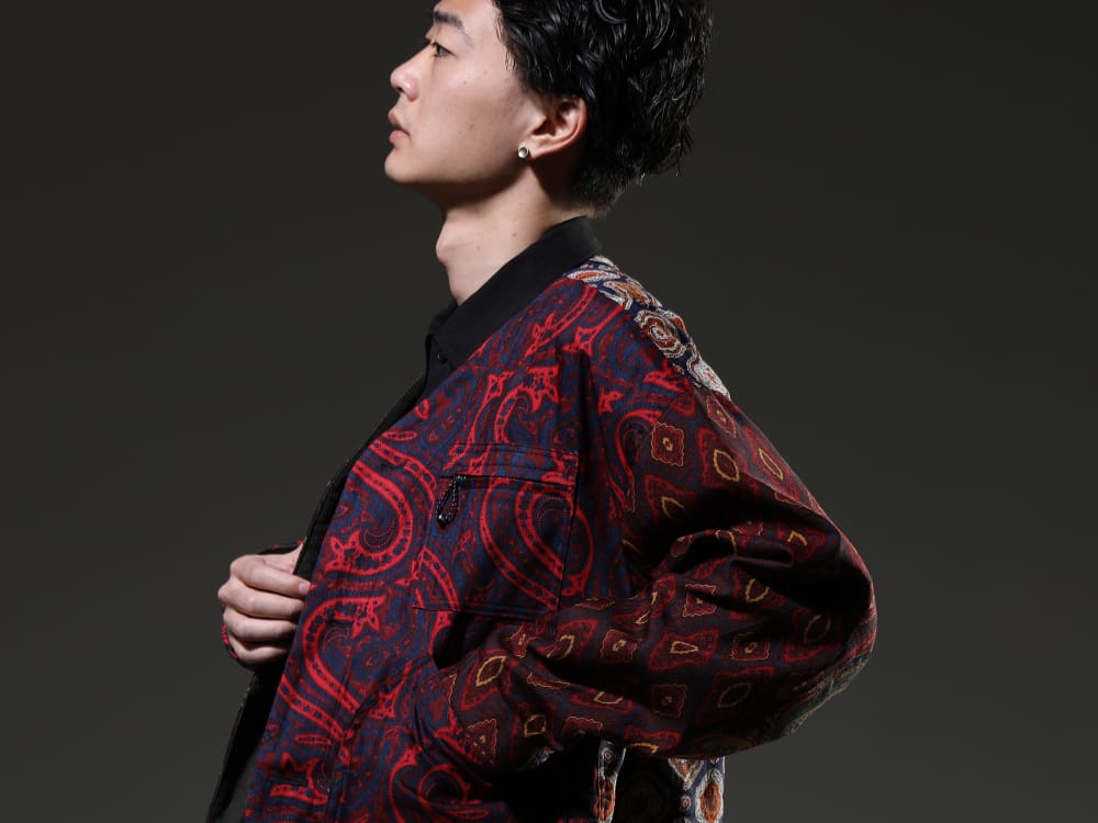 ink / O PROJECT 2023SS - Hunt Jacket Made of Vintage Scarves - ink23-01-Blue-M(Classy hunt jacket Blue) O15SRT4-BLACK(BOMBER SHIRTS Water-Repellent Dense Cloth BLACK) - 2-006