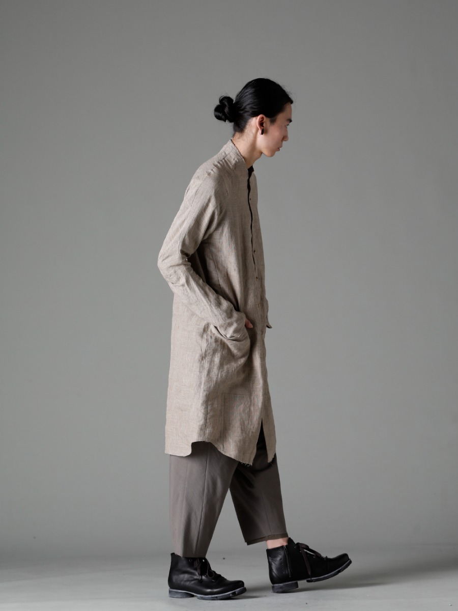 DEVOA 23SS long shirt with subtle checkered pattern. - sHN-RTHL-Dune long Shirt Ramie Dune 3-002