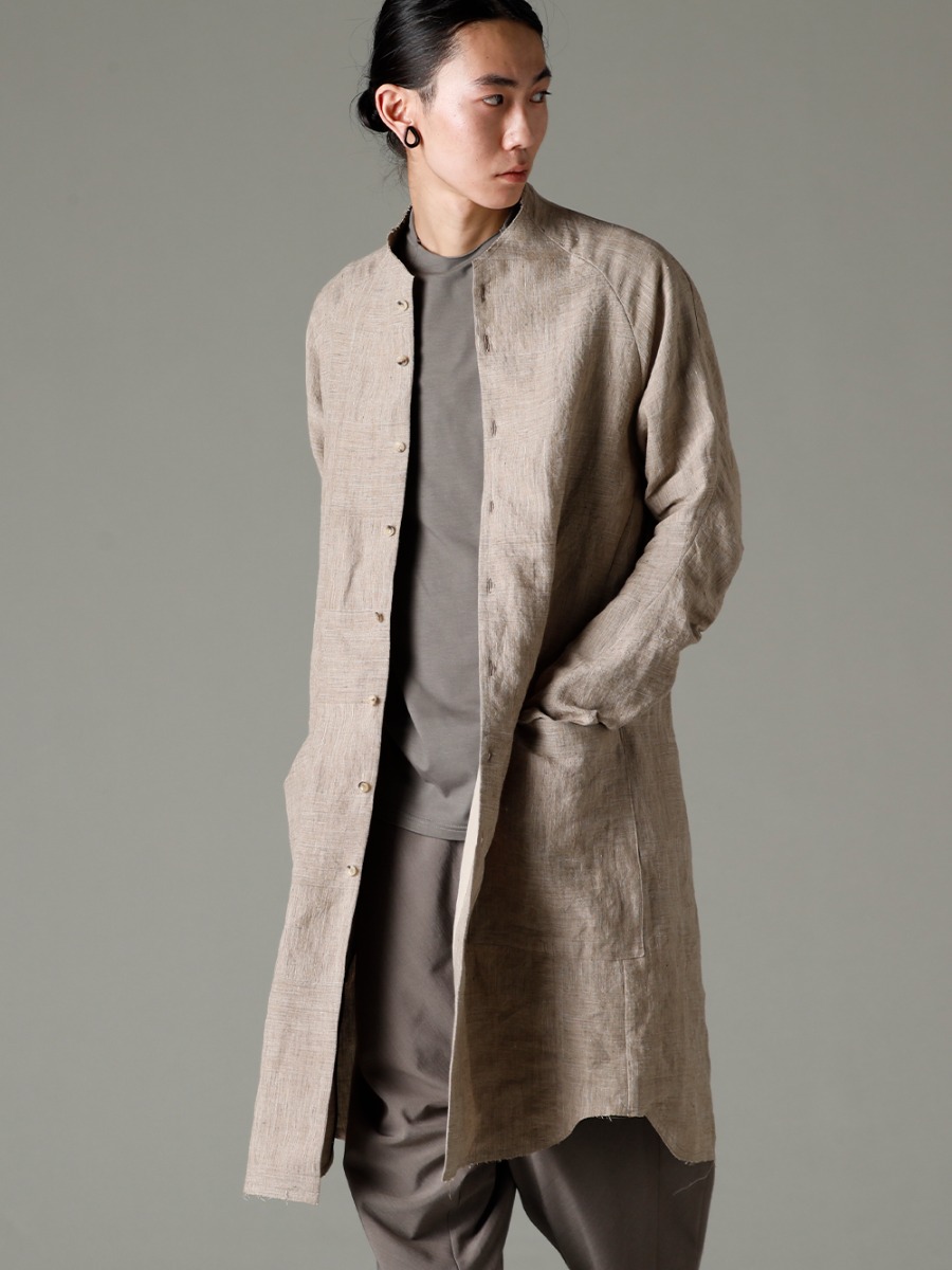 DEVOA 23SS long shirt with subtle checkered pattern. - sHN-RTHL-Dune long Shirt Ramie Dune 3-004