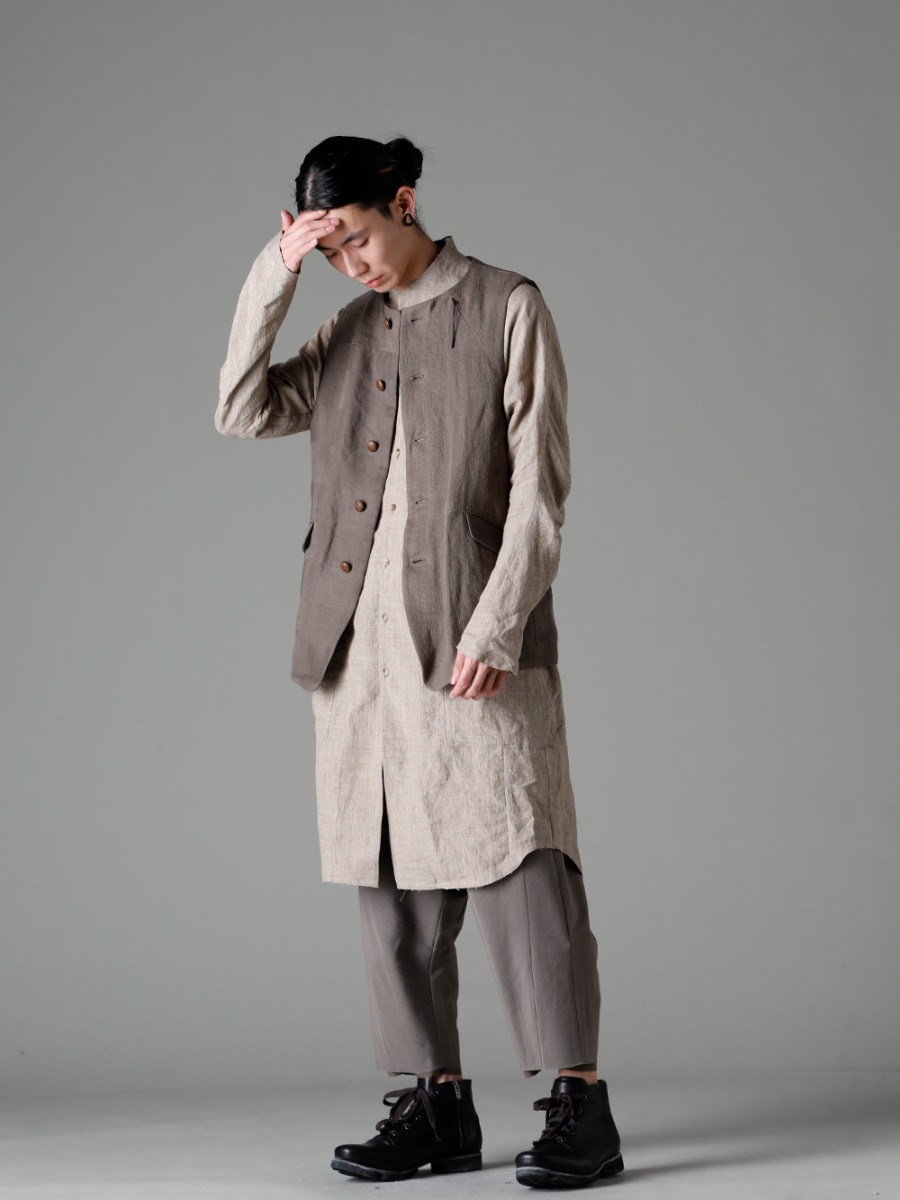 DEVOA 23SS SHN-RTHL-Dune long Shirt Ramie Dune VTK-LMCV vest Linen combination PTN-IRKL-Mud-Gray drop crotch cropped pants cotton/silk/viscose mad gray FW-CSHS leather boots GUIDI horse leather  4-001