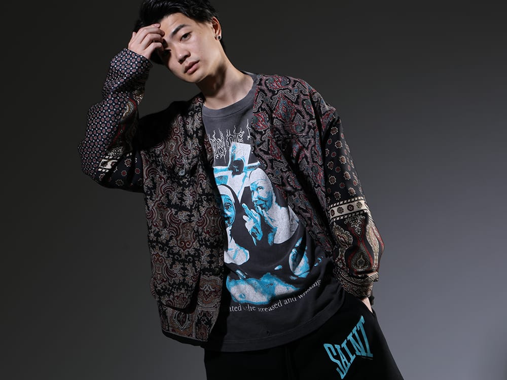 インク / セントマイケル 2023SS - ヴィンテージスカーフをジャケットへ再構築 - ink23-01-Blue-L(クラッシーハントジャケット ブルー) SM-S23-0000-032(SISTERS ロングスリーブTシャツ) - 2-011