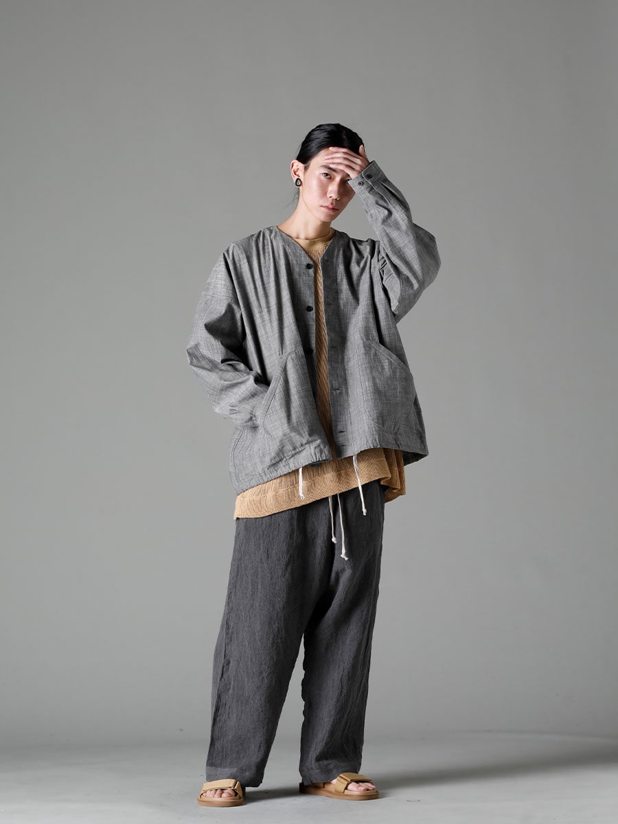 O project 23SS style The combination of an ink-like gray with a refreshing mustard color that blends freshness. - O15SRT2-GREY-SUMI Coverall Shirt Gray Smi Chambray O15TS1-mesh-YELLOW-BEIGE SS TEE Cotton mesh yellow beige O15TR4-DK-SUMI Jogging Trousers Dark Smear Dye Flux Lone US9561-Tan Men's Sandals Tan  1-001