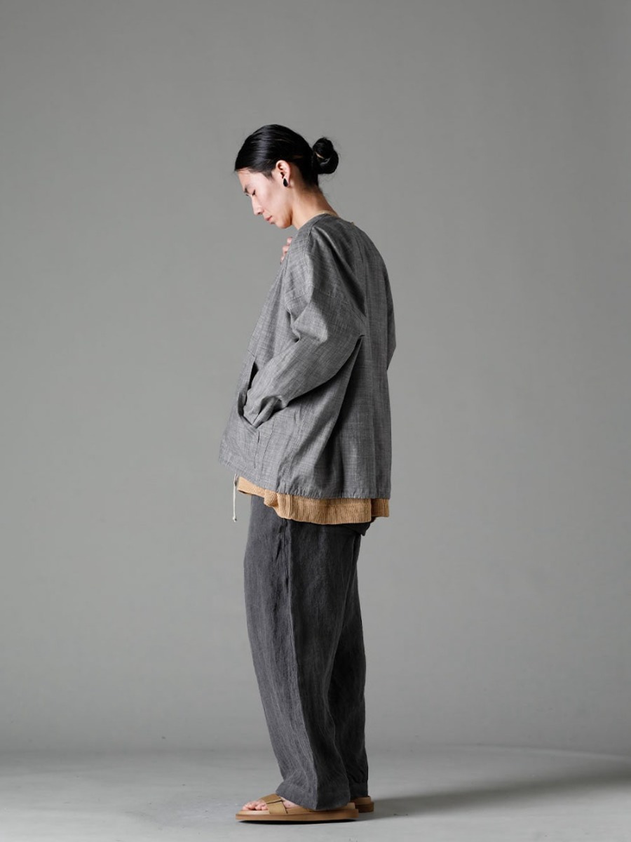 O project 23SS style The combination of an ink-like gray with a refreshing mustard color that blends freshness. - O15SRT2-GREY-SUMI Coverall Shirt Gray Smi Chambray O15TS1-mesh-YELLOW-BEIGE SS TEE Cotton mesh yellow beige O15TR4-DK-SUMI Jogging Trousers Dark Smear Dye Flux Lone US9561-Tan Men's Sandals Tan  1-004