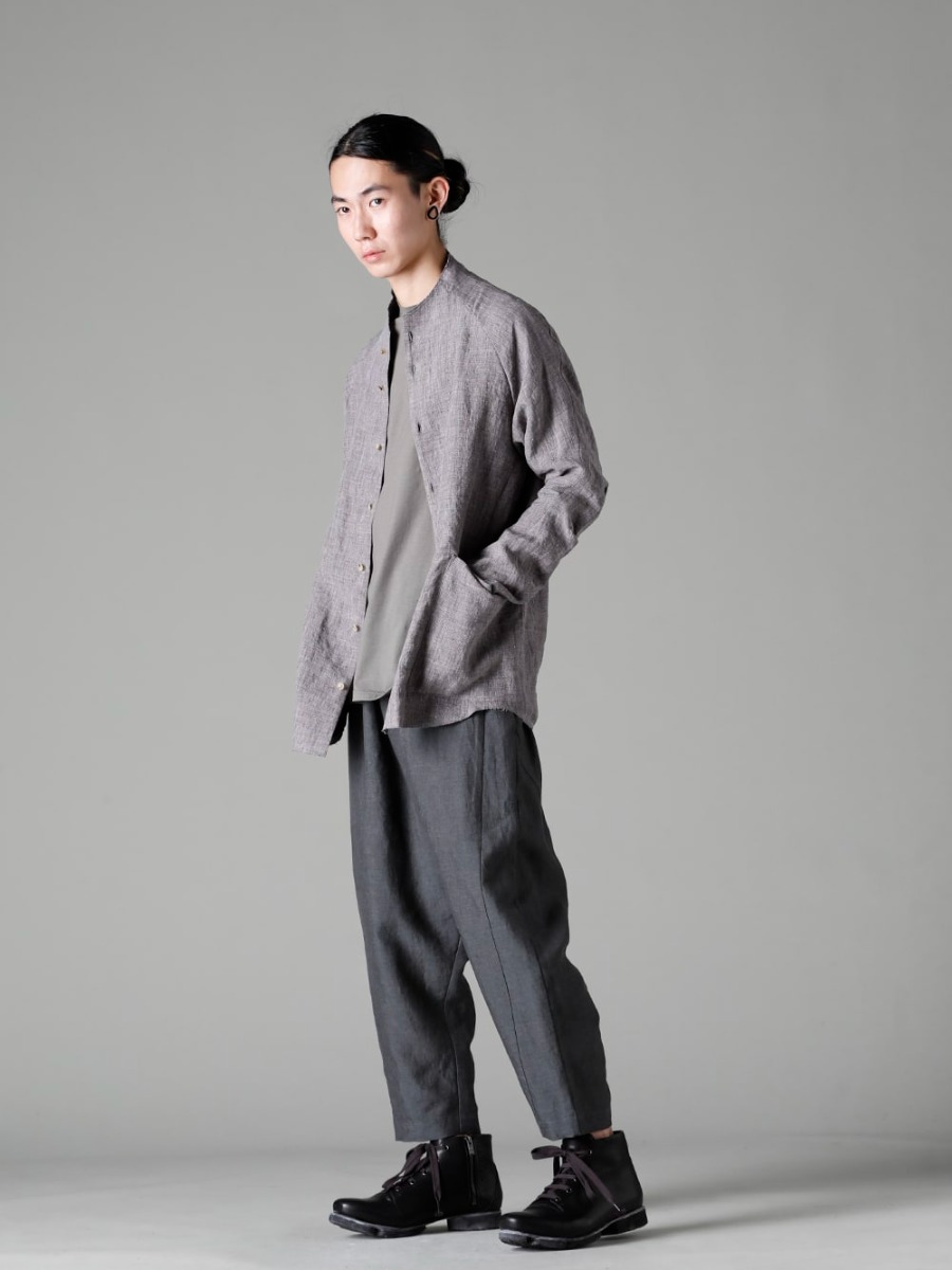 DEVOA 23SS styling 23SS with a wide variety of shirts - SHN-RTHR-Vintage-Blue Shirt Ramie Vintage Blue CSC-SSL3-Mud-Gray Long Sleeve Cotton Stretch Jersey Mud Gray PTN-BLKL-Blue-Gray Dropped Crotch Cropped Pants Linen Blue Gray FW-CSHS Leather boots GUIDI Horse leather  1-002